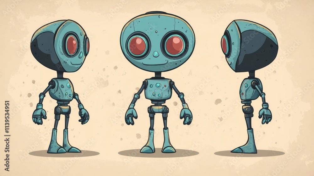 Poster A stylized cartoon robot character design in three poses.