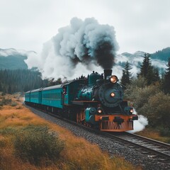 Obraz premium Steam Train Journey Through Majestic Mountain Scenery