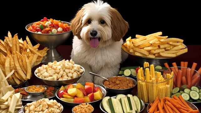 Fluffy, small dog sitting patiently at a table overflowing with tempting human foods like french fries, vegetables, and cooked meat, creating a humorous scene