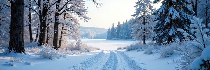 Obraz premium Frosty forest path with snow-covered trees and a frozen lake in the background, peaceful, icy, snow