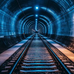 Fototapeta premium Tunnel Vision A Railroad Journey Through a Deep Blue Tunnel