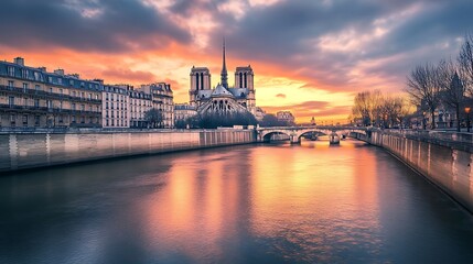 Fototapeta premium Paris Sunrise over Notre Dame Cathedral and Seine River. Scenic view of Parisian architecture.