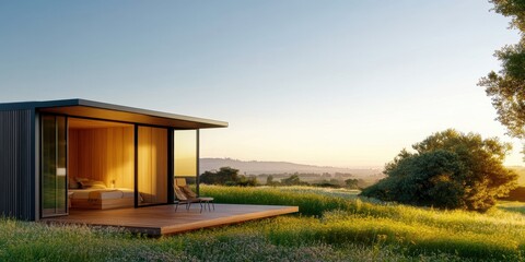 Fototapeta premium A compact prefabricated building in a serene natural setting, blending modern design with the beauty of the outdoors.