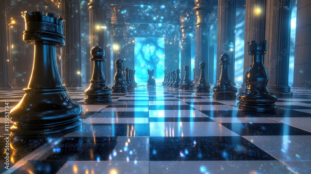 Poster a surreal chessboard scene with glowing pieces and a mystical background.