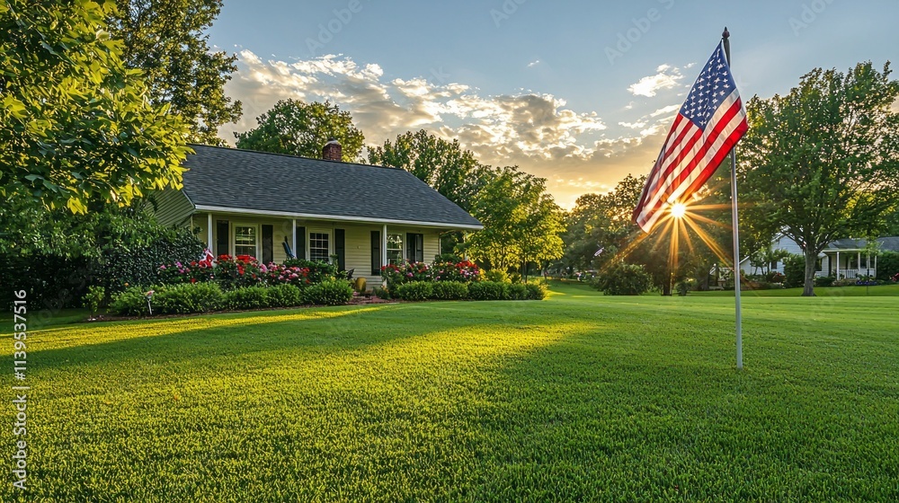 Poster a house with a flagpole in front of it