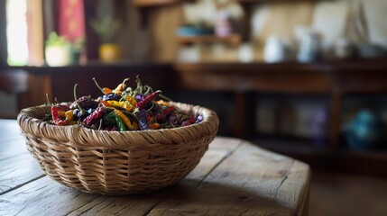 Colorful Dried Chilies in a Rustic Basket