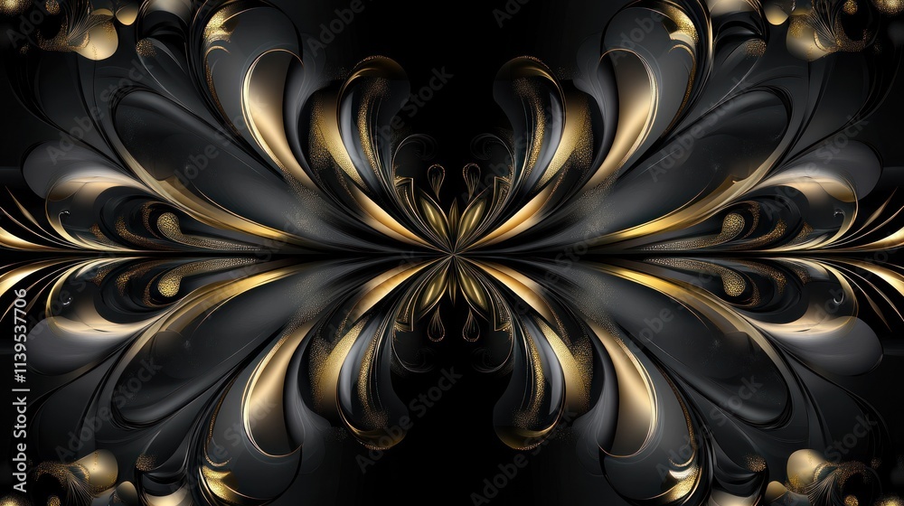 Poster a symmetrical abstract design featuring flowing shapes in black and gold tones.