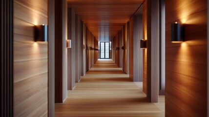 A hallway with adjustable lighting fixtures that create a warm and inviting atmosphere for any space.