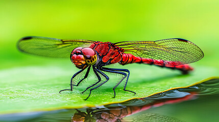 detailed close up of vibrant red dragonfly resting on green leaf, showcasing its intricate wings and striking features. background is softly blurred, enhancing dragonfly beauty