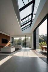 Fototapeta premium Bright and modern living room featuring large windows and a skylight, with a white sofa and dining area visible.
