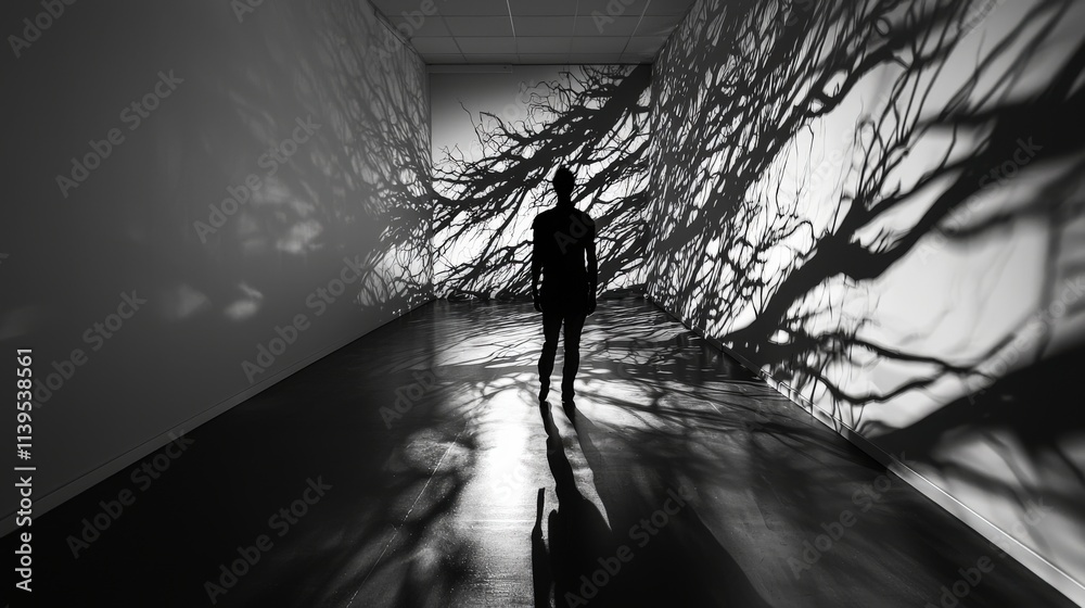 Poster shadow play unseen object casting intricate designs on wall art gallery photography dark environment