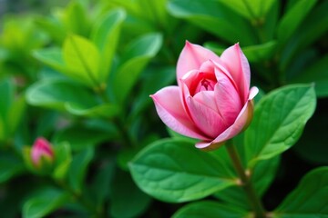 Fototapeta premium Delicate pink flower bud with green leaves nestled among lush foliage, nature, botanical