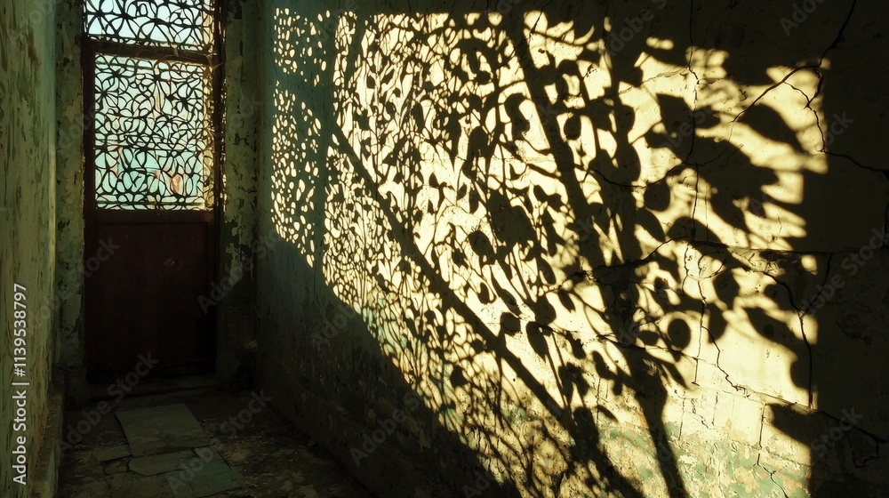 Poster intricate shadow patterns abandoned hallway photography urban decay side view artistic interpretatio