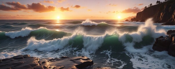 Fototapeta premium Deep ocean waves crashing against a rocky shoreline at sunset, blue waters, sea foam, beach