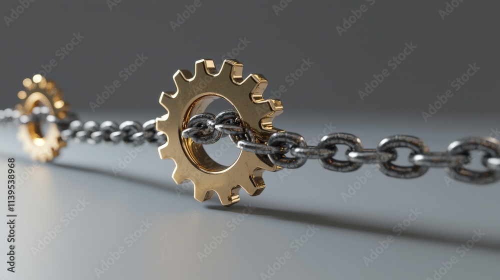 Poster Mechanical system with turning gear and chain industrial setting close-up image metallic environment engineering concept