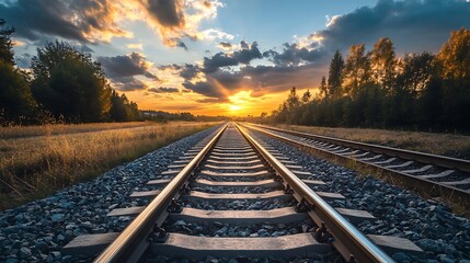 Fototapeta premium Sunset over Railroad Tracks. Concept of Journey, Destination, and Travel.