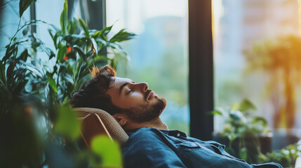 A man is laying on a couch with his head on his hand