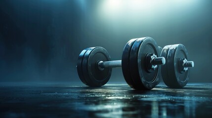 Plakat Dark moody image of a heavy barbell resting on a wet floor.
