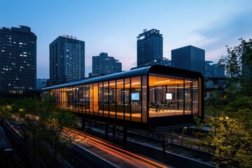 Fototapeta premium Modern Prefabricated Building: Innovative Headquarters for a Tech Startup Embracing Efficiency and Design