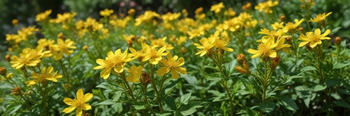 Bright yellow perforate St John s wort Hypericum flowers in a garden , perforated petals, flowers in garden