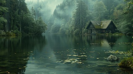 Fototapeta premium Misty lake, tranquil cabin, lush forest reflection.