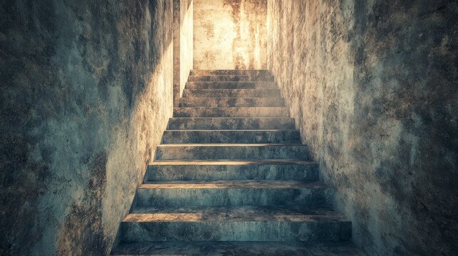 Mysterious staircase ascending into a void abandoned building digital art surreal environment dramatic perspective