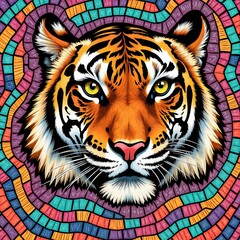 Tiger Portrait with Mosaic Colorful Background, Print for T-Shirt