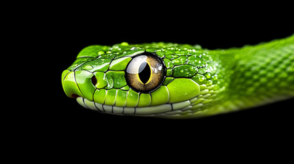 Fototapeta premium Vibrant green tree snake with detailed scales and striking eye, showcasing its natural beauty and texture. captivating macro level view of this reptile