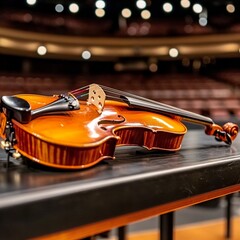 Fototapeta premium Violin Resting on a Dark Stage After a Performance