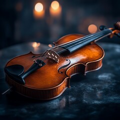 Fototapeta premium Violin Resting on Dark Surface, Illuminated by Warm Lights