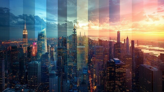 Surreal cityscape showcasing multiple timelines at sunset urban environment digital art aerial view conceptual imagery