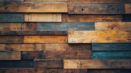 A textured wooden wall featuring various shades and arrangements of wooden planks.