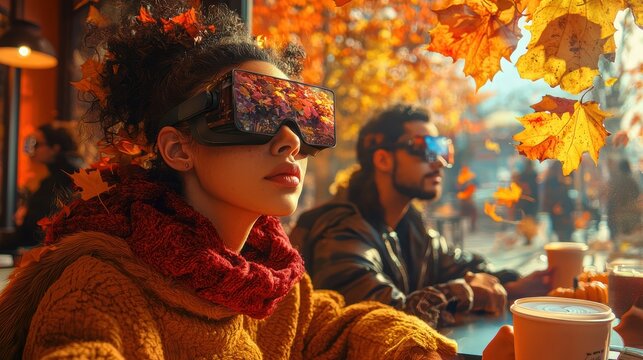Friends in a fall-themed cafÃ© wearing AR glasses that overlay digital leaf effects around them, experiencing a heightened autumn atmosphere indoors while they sip on pumpkin lattes, 