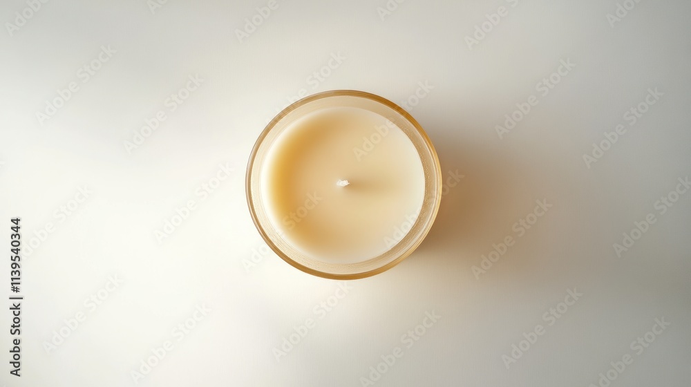 Poster a top view of a creamy white candle in a glass container on a light background.