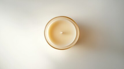 A top view of a creamy white candle in a glass container on a light background.