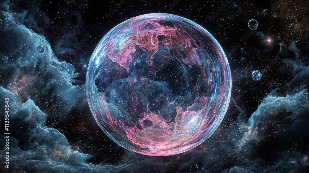 Aufkleber expanding transparent bubble in cosmic space digital art universe ethereal viewpoint infinite concep