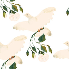 White doves with roses. Love mail. Watercolor seamless pattern for textiles and wrapping paper for wedding or Valentine's Day, February 14.