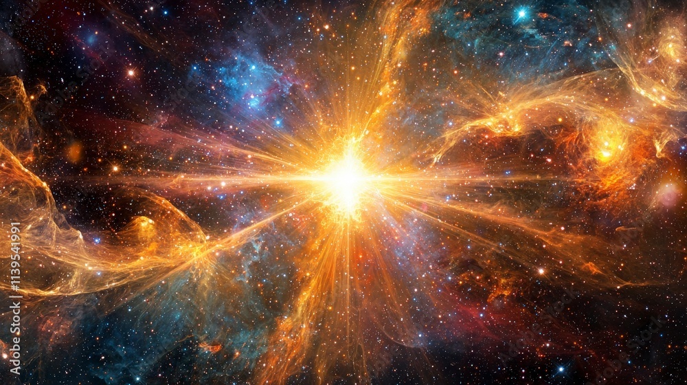 Poster cosmic burst of light in vast space digital art celestial environment awe-inspiring viewpoint abstra