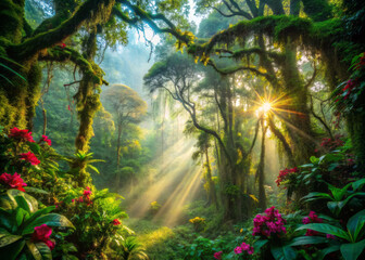 Lush emerald foliage entwined with vibrant flowers in misty forest, sunlight streaming through trees creates serene and magical atmosphere