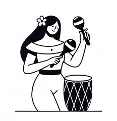 Black and white isolated vector illustration of a musician playing a rhythm instrument maraca on a white background.