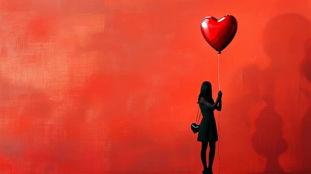 Captivating image of a woman elegantly holding a heart-shaped balloon, framed by a bold and vibrant red background that enhances her charm