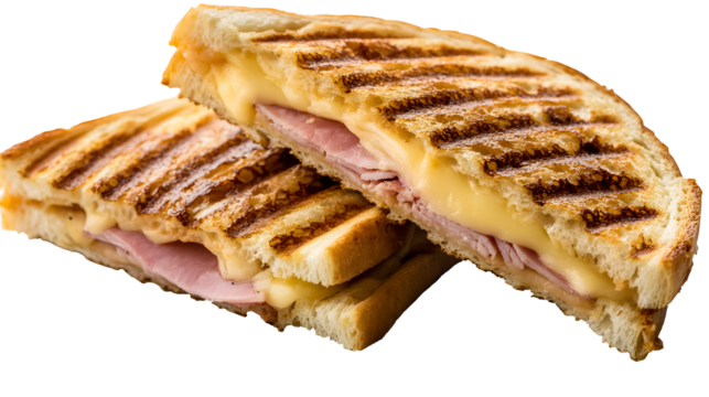 Cheese and ham toasted panini isolated on a white background
