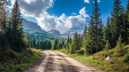 Mountain Road Through Pine Forest. Scenic Nature Trail. Summer Landscape.