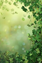 vertical banner, St. Patrick's Day, scattering of clover leaves, light abstract green background,...