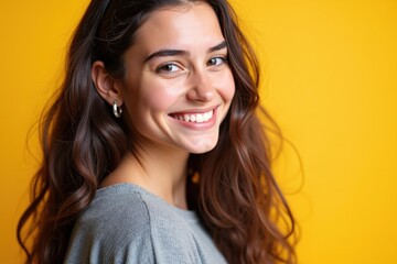 Naklejka premium Bright and Cheerful Young Woman Smiling on a Vibrant Yellow Background Perfect for Advertising and Marketing Campaigns
