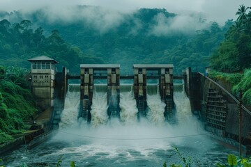 Majestic Hydro Power Plant Amidst Lush Green Mountains Under Overcast Sky, Capturing Flowing Water and Tranquil Nature Surroundings in Scenic Landscape
