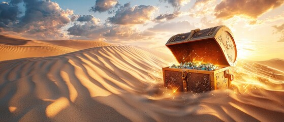 Treasure Chest in the Desert at Sunset.