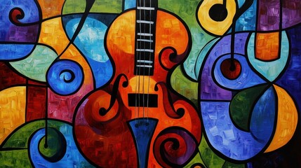 Fototapeta premium A vibrant abstract painting featuring a violin amidst colorful swirls and musical notes.