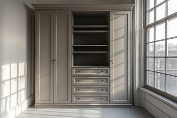 Fototapeta premium Empty taupe wardrobe with drawers and shelves, sunlight streaming through large window.