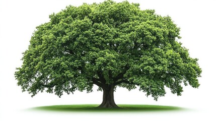 Lush green oak tree with full canopy over a grassy base, isolated on white background.